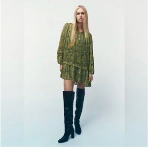 Zara Mini Paisley Long Sleeve Dress 60s Mod Size Large Greenmulticolored